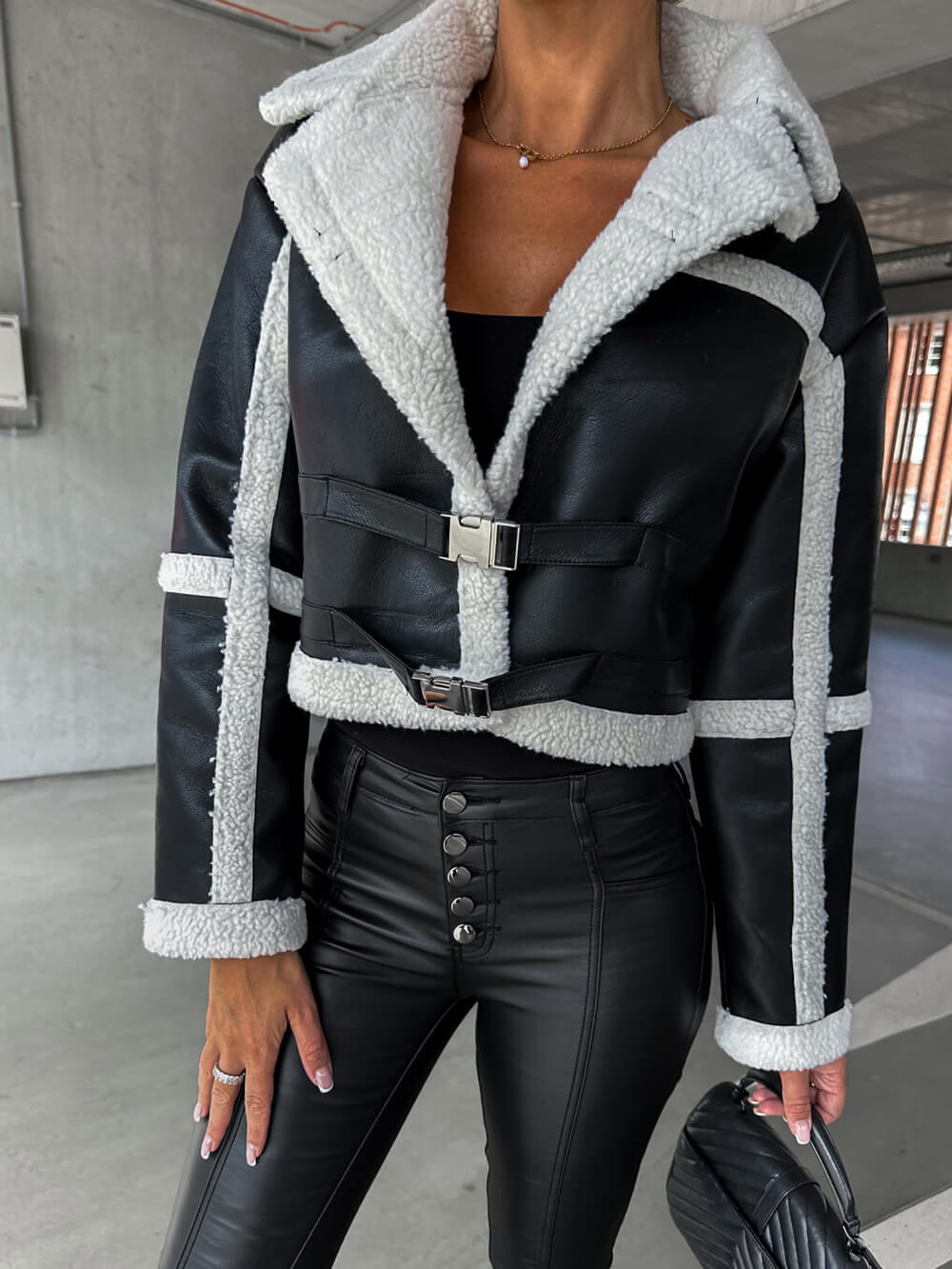 Lapel Collar Faux Shearling Buckle Cropped Moto Jacket