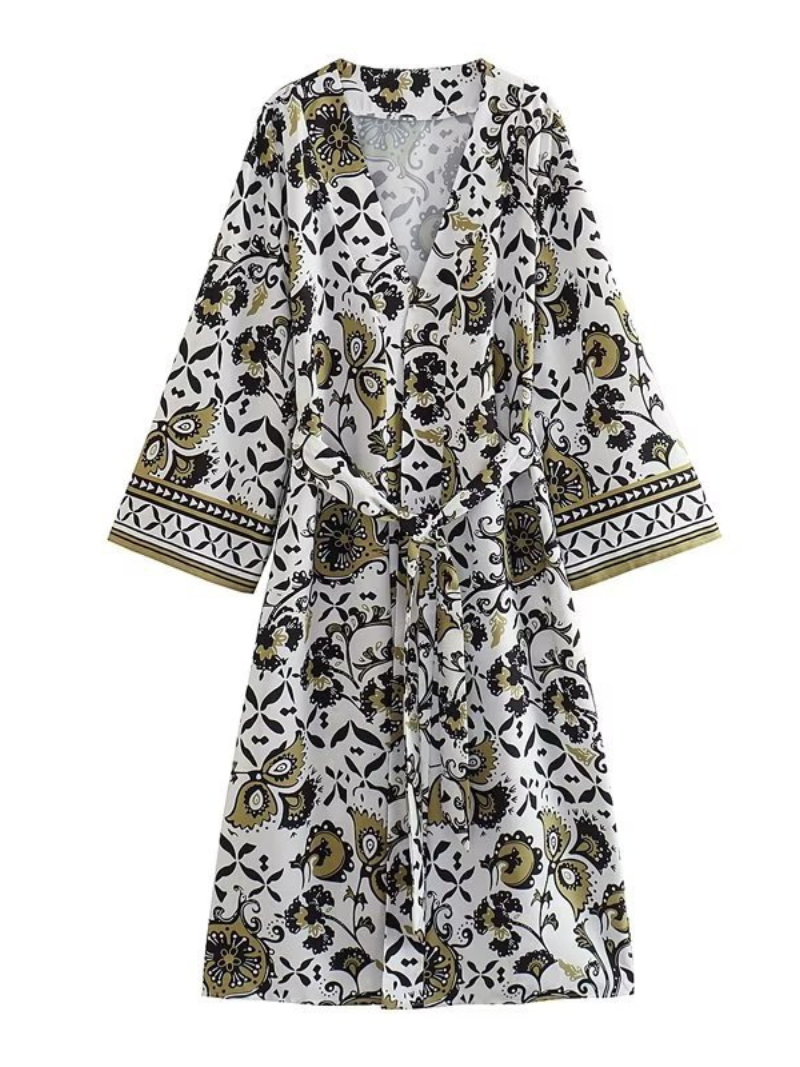 Multi Color Damask Floral Bordered Print Belted Long Kimono