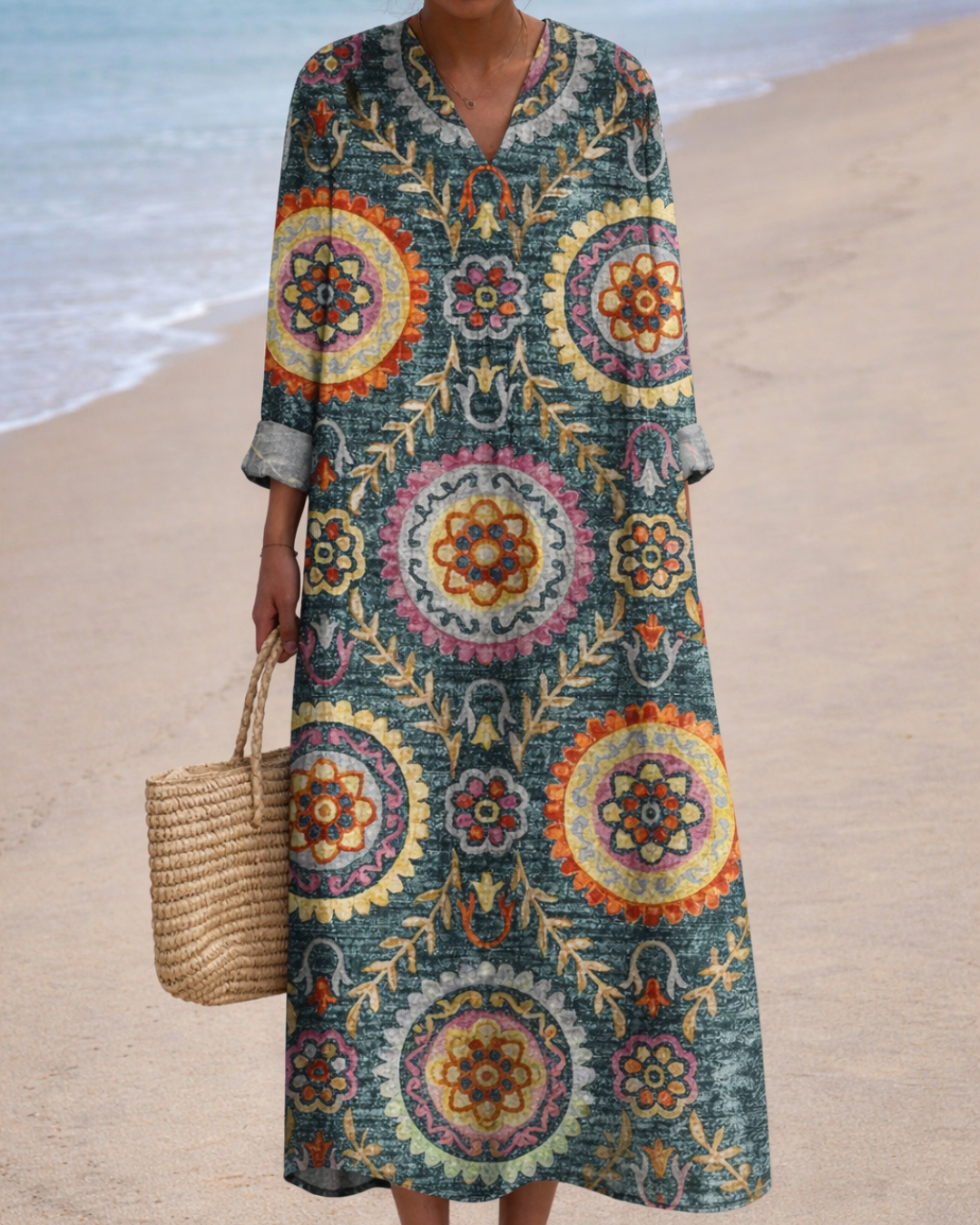 Split Neck Boho Medallion Print Long Sleeve Shift Maxi Dress