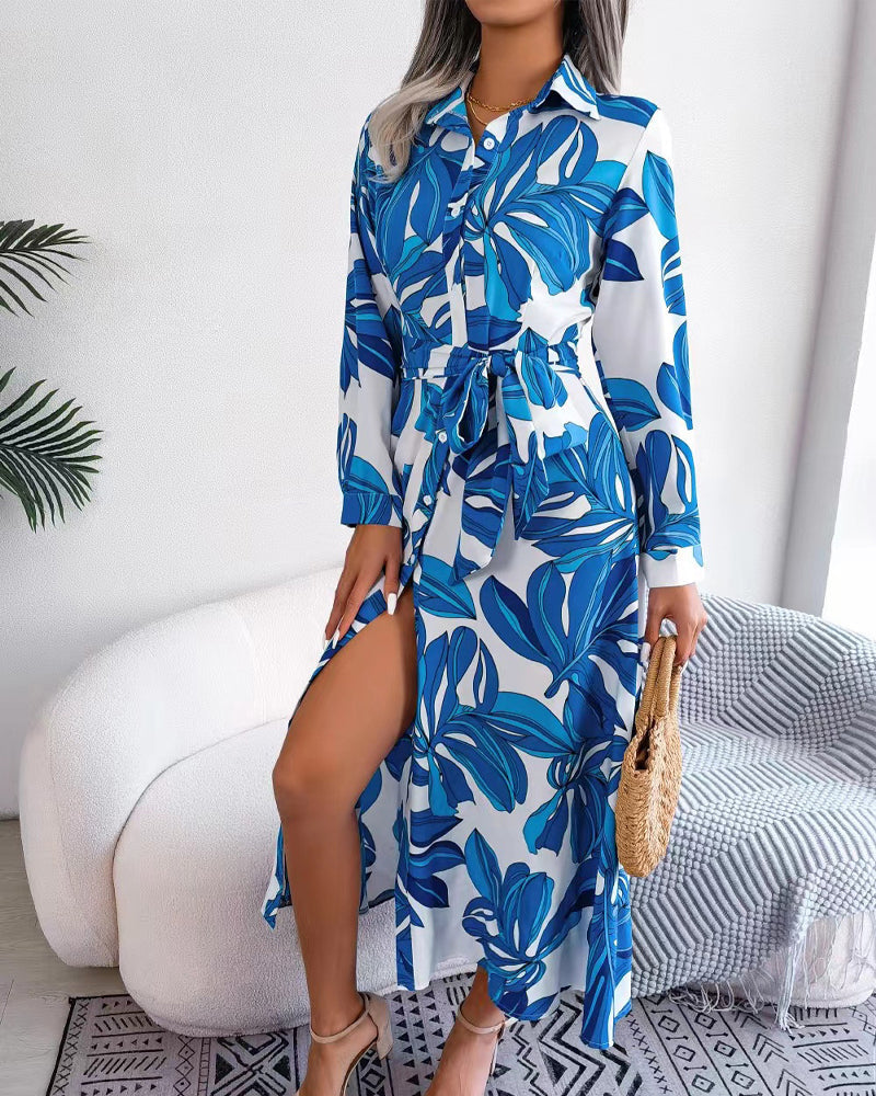 Floral Print Lapel Shirt Dress with Contrast