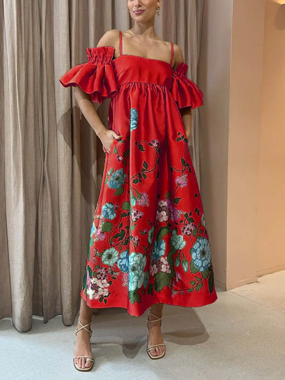 Marigold Printed Gathered Sleeve Pocketed A - Line Midi Dress