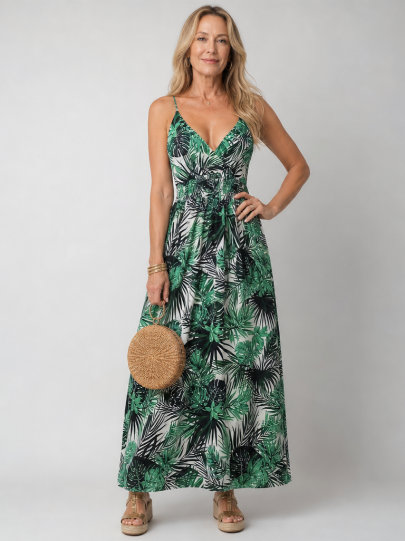 Multicolor Spaghetti Strap V-Neck Tropical Leaf Print Shirred Waist Maxi Dress