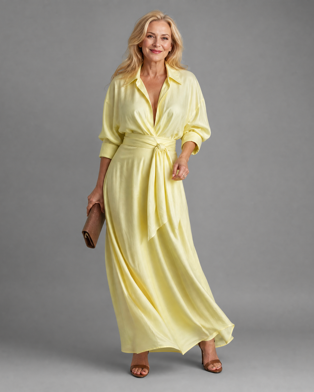 Collared Plunge Satin Long Sleeve Tie Waist Flowing Maxi Dress