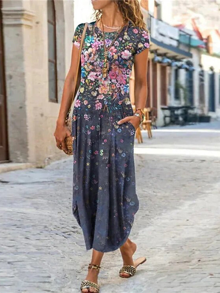 Women Fashion Round Neck Short Sleeves Flower Print Casual Style Dress