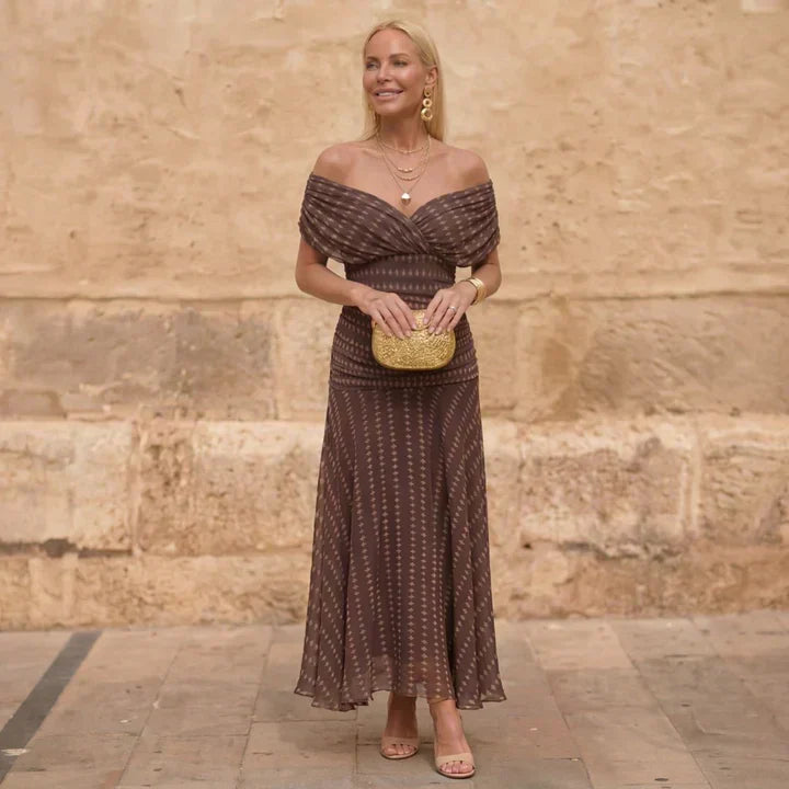 Brown Off-Shoulder Draped Twist Front Ruched Geometric A-Line Maxi Dress
