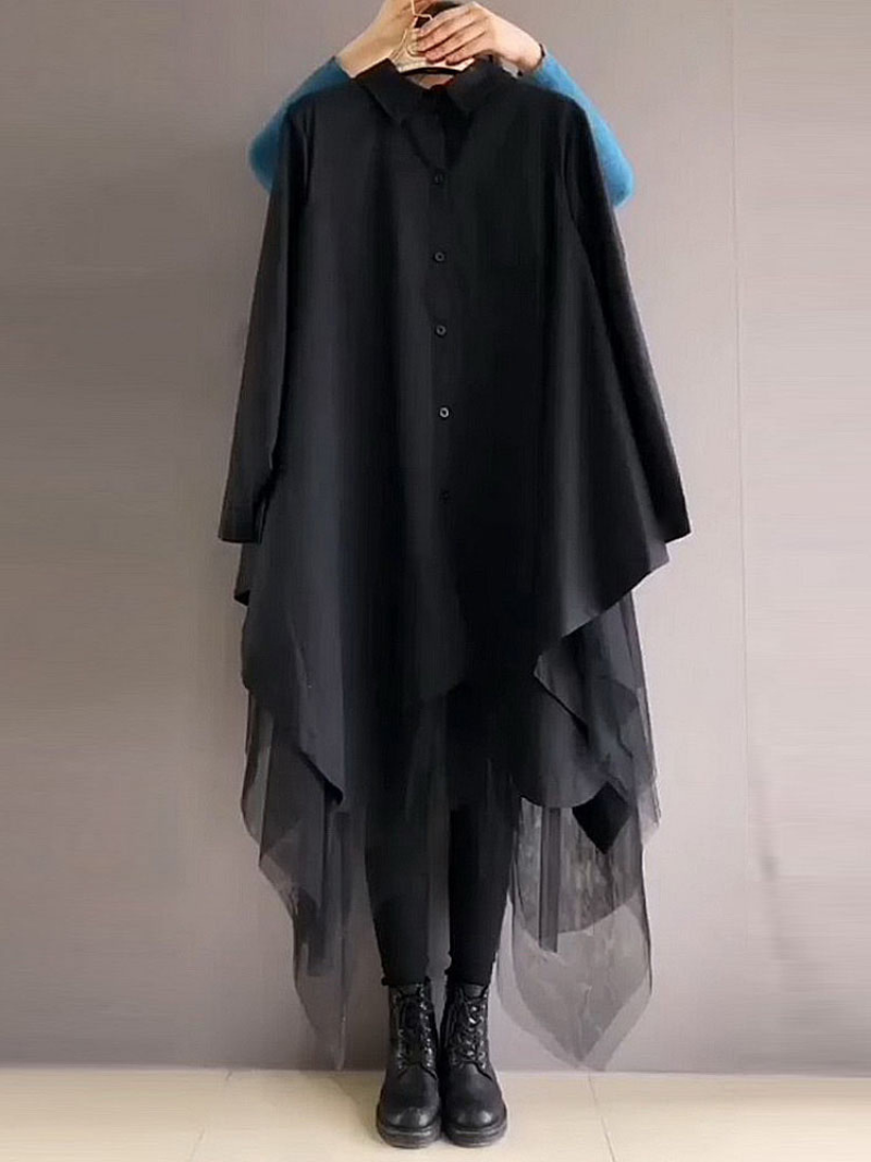 Collared Button Up Long Sleeve High Low Oversized Shirt Dress 2
