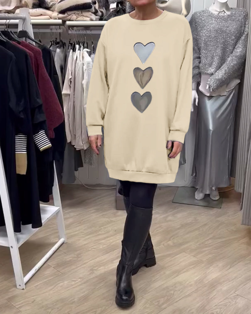 Black Round Neck Heart Print Long Sleeve Sweatshirt Mini Dress