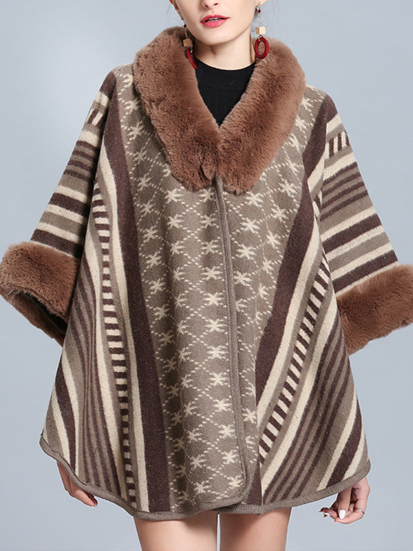 Faux Fur Collar Striped Aztec Print Cape Cardigan 3