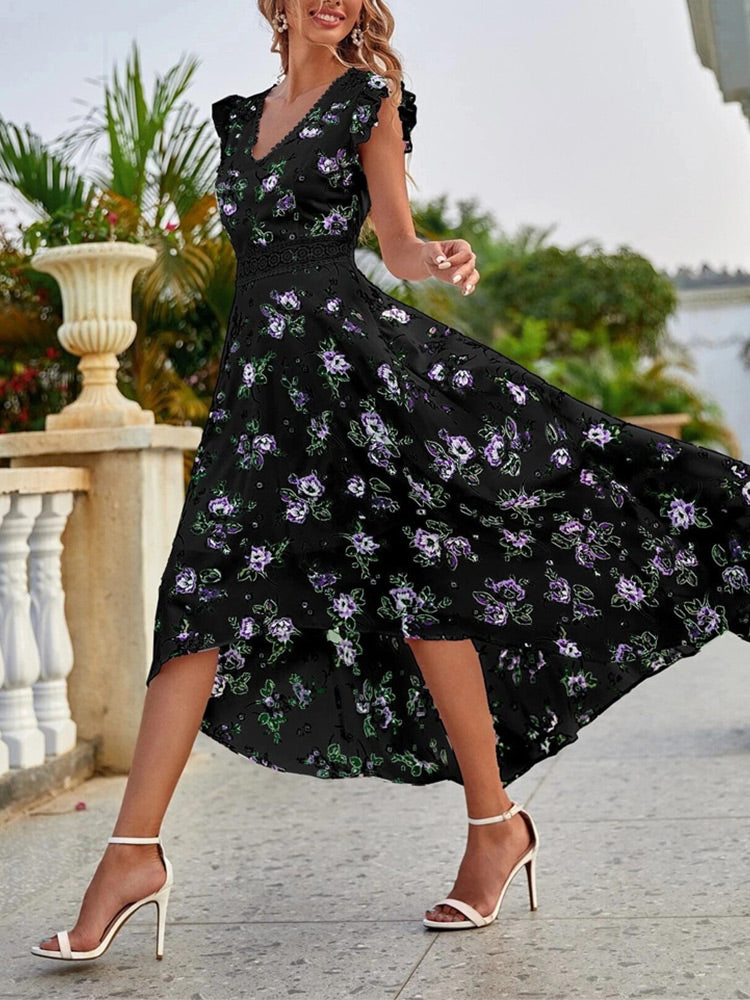 Women's Shirt All Over Floral Print High Low Hem -Line Dress
