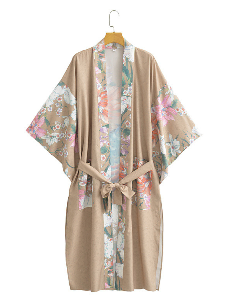 Floral Print Tie Waist Long Kimono
