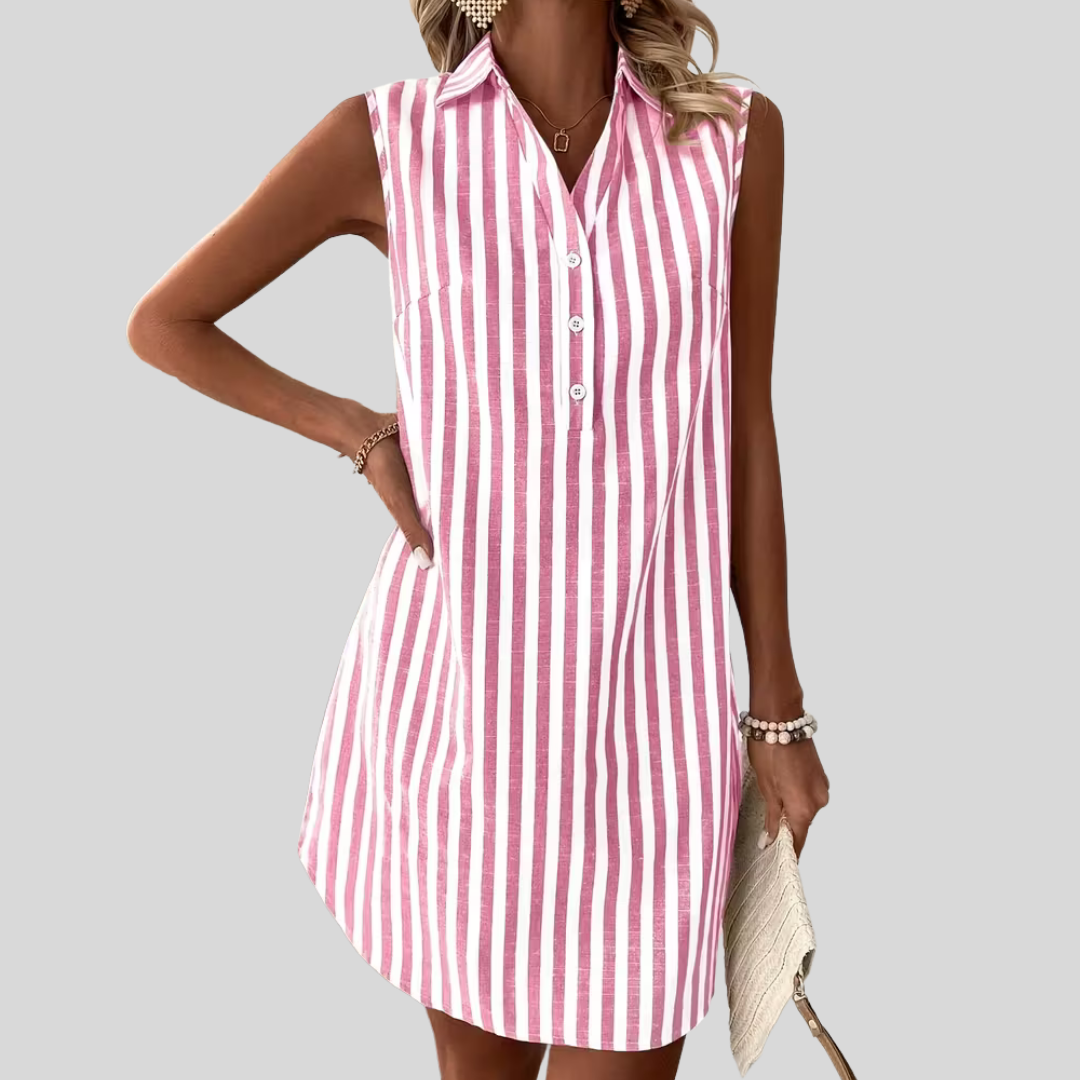 Collar Sleeveless Striped Button Placket Shift Mini Dress
