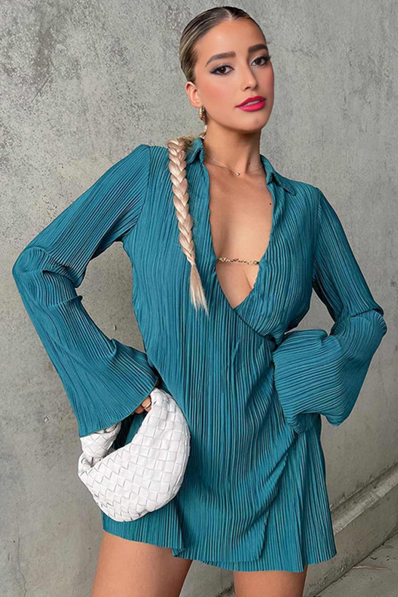 Pleated Lapel Mini Dress With Low Cut Dark Green / S Dresses