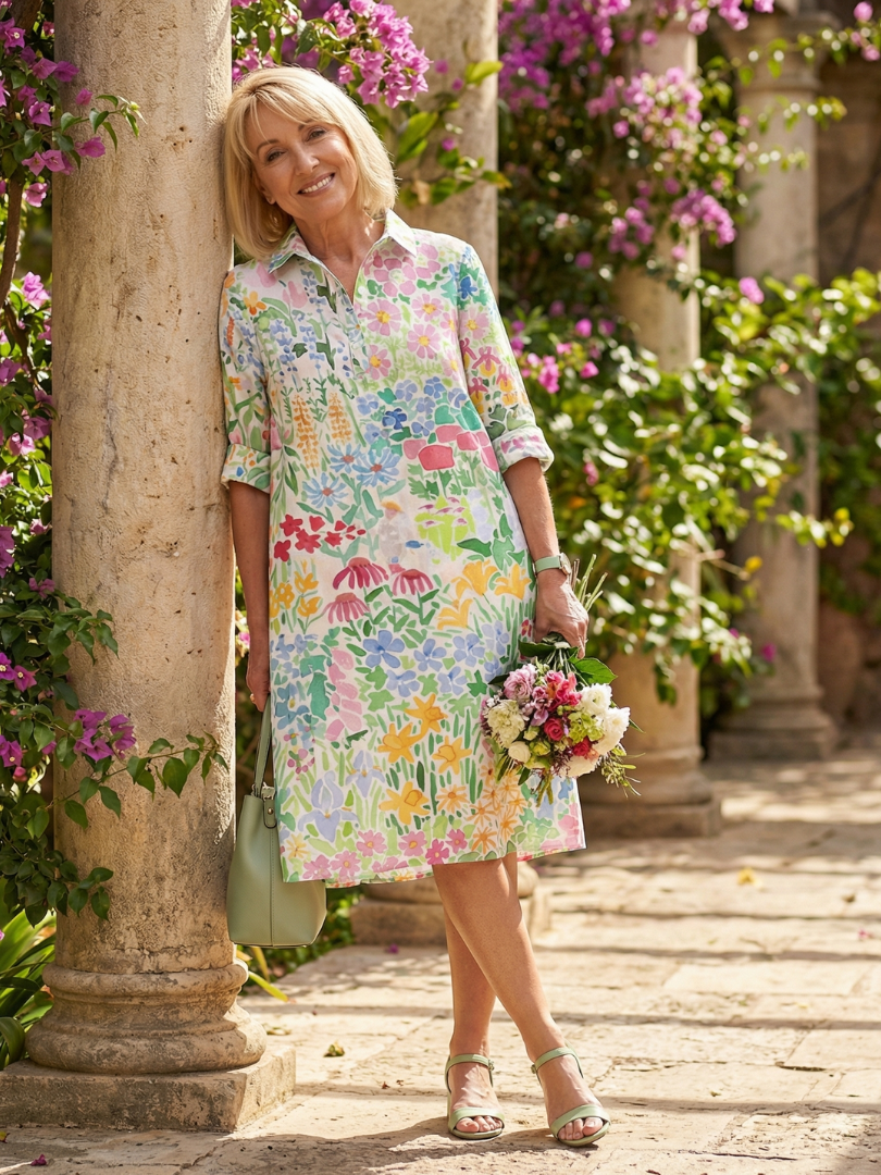 Floral Collared Floral Print Roll Sleeve Shift Midi Shirt Dress