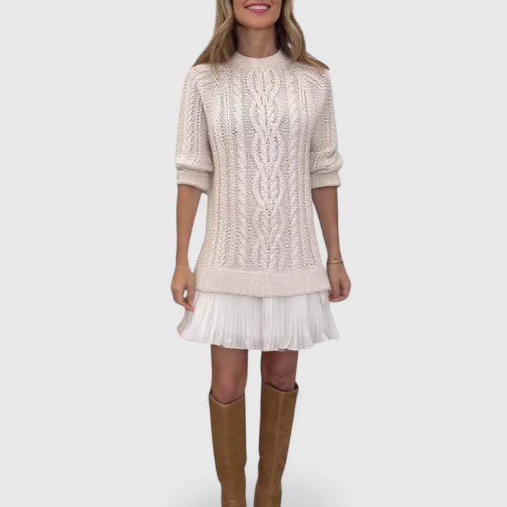 Crew Neck Cable Knit Pleated Hem Long Sleeve Sweater Dress