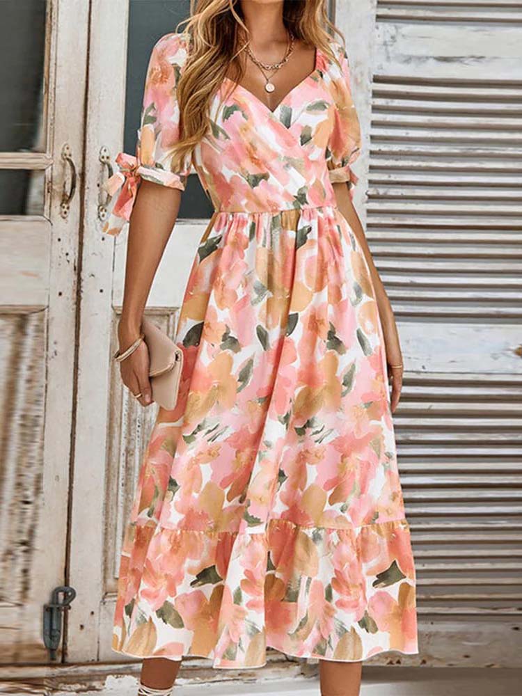 Sweet Short Sleeve Print Midi Dress