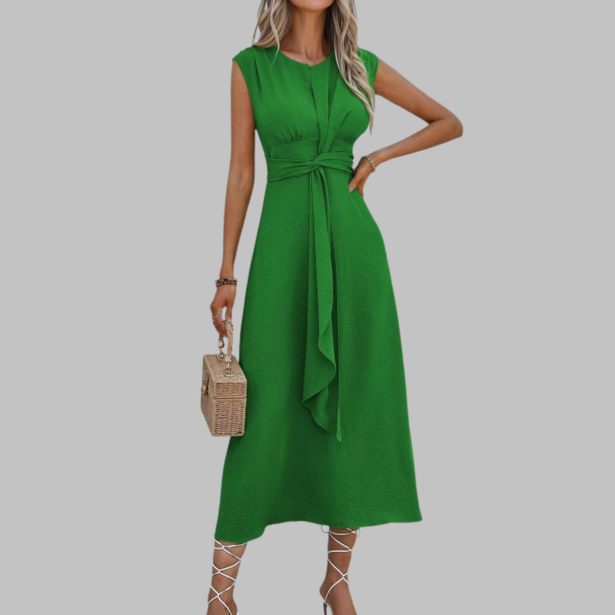 Round Neck Cap Sleeve Twist Front Tie Waist A-Line Midi Dress