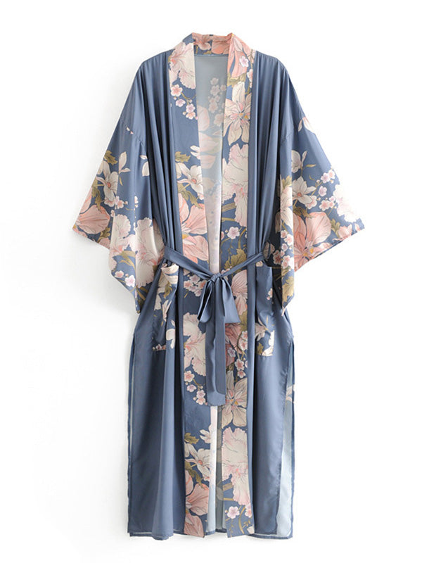 Grey Floral Print Belted Long Length Kimono Robe