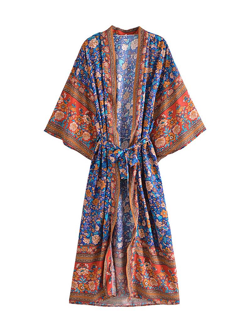 Floral Print Wide Sleeve Tie Waist Long Kimono Robe