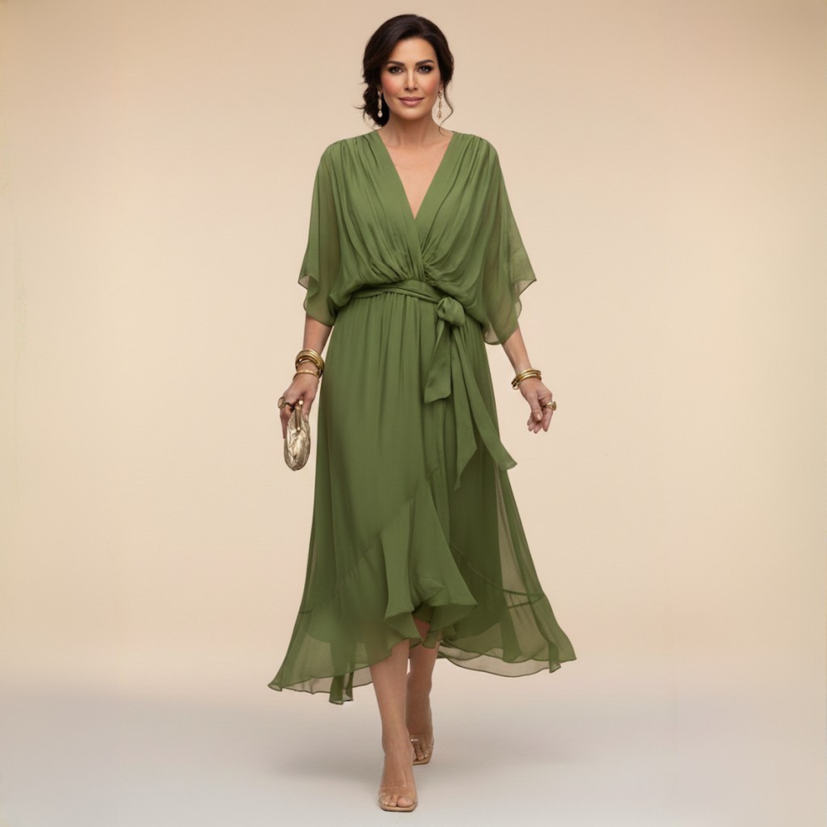 V-Neck Chiffon Batwing Sleeve Tie Waist Ruffle Hem Midi Dress