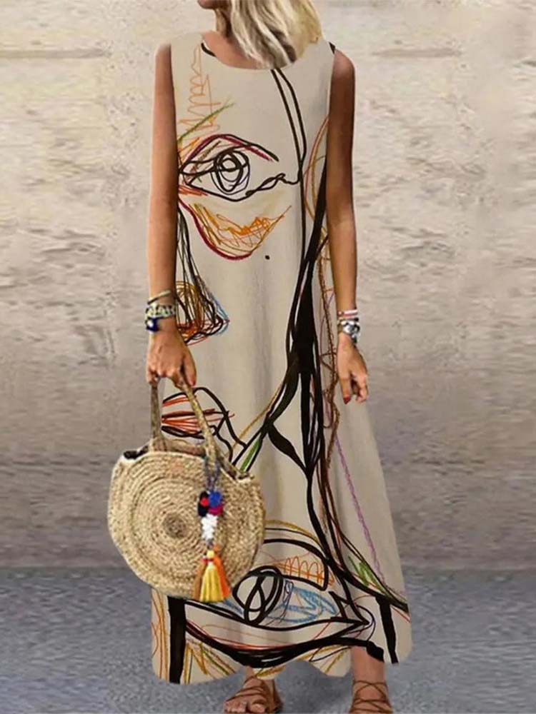 Abstract Art Apricot Sleeveless Shift Maxi Dress