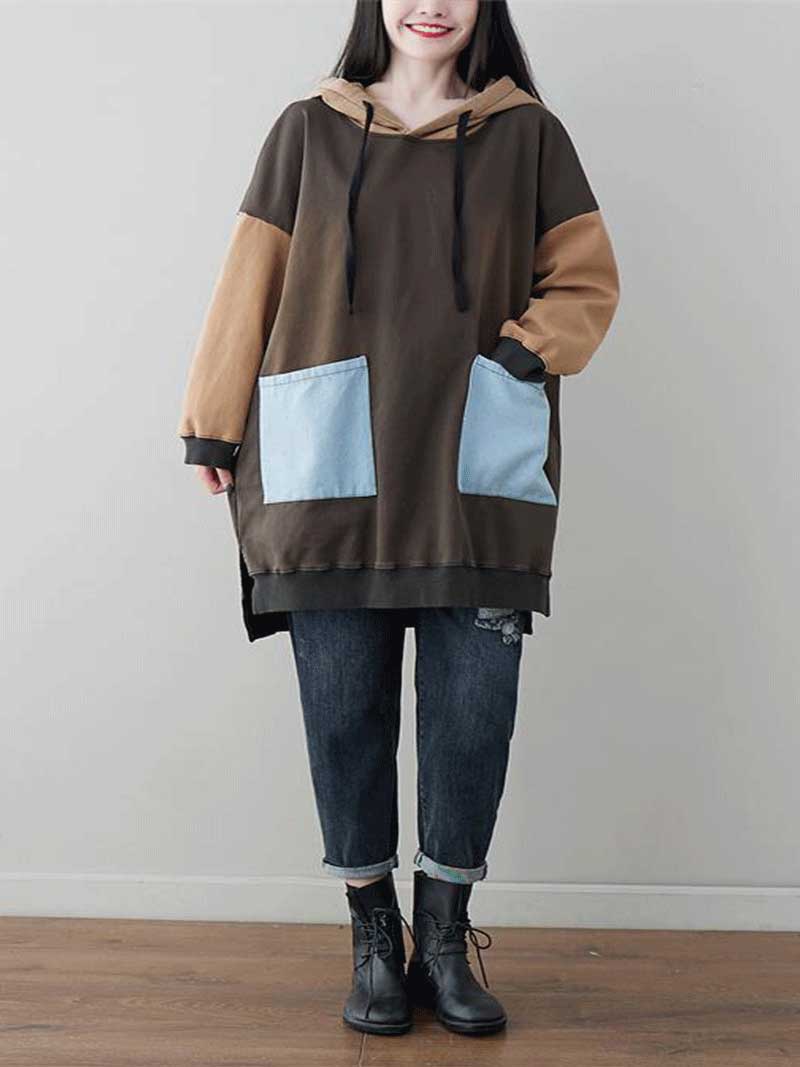 Hooded Color Block Patch Pocket Drawstring Oversized Hoodie