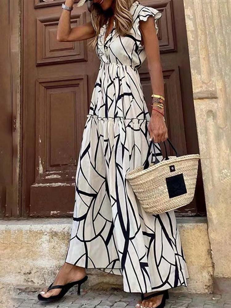 Vintage Short Sleeve Print Maxi Dress