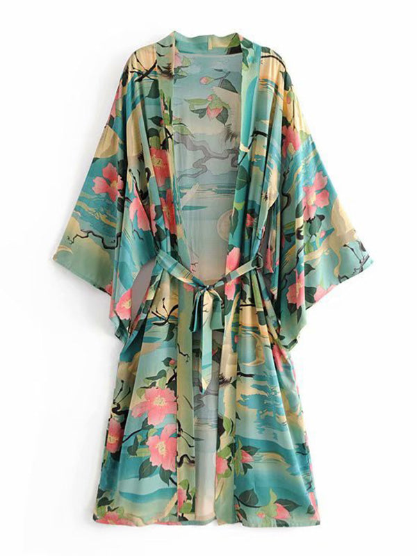 Green Floral Landscape Print Belted Open-Front Midi Kimono