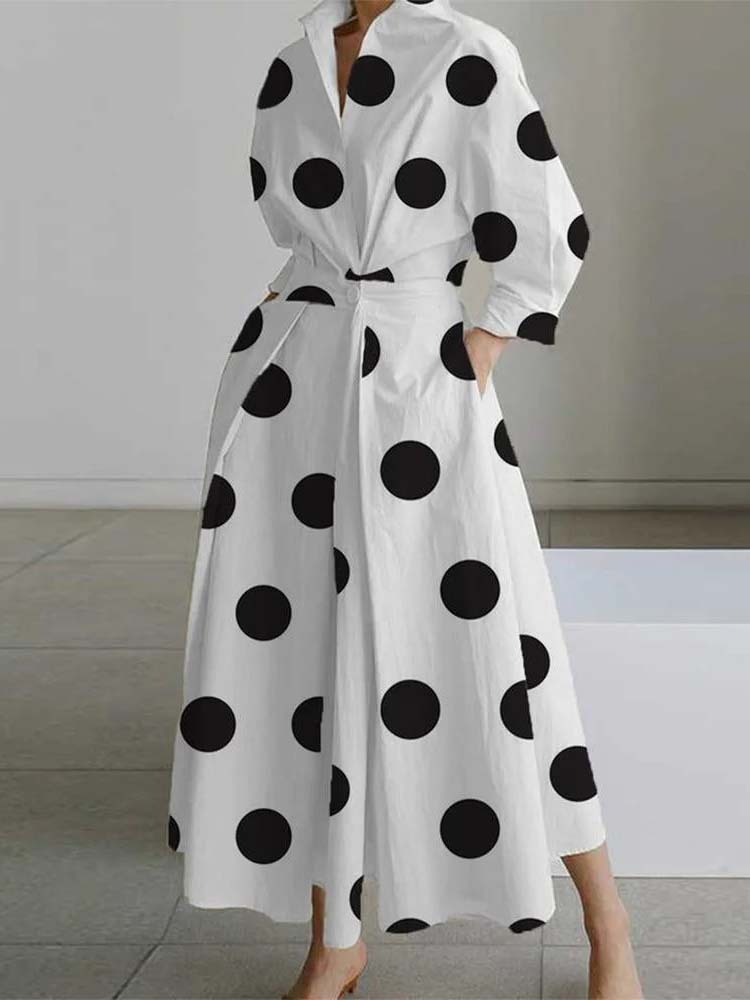 Plus Size Polka Dot Lapel Neck Long Sleeve Shirt Dress