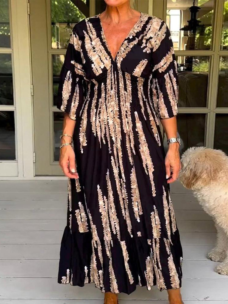 Retro 3/4 Sleeve Print Midi Dress