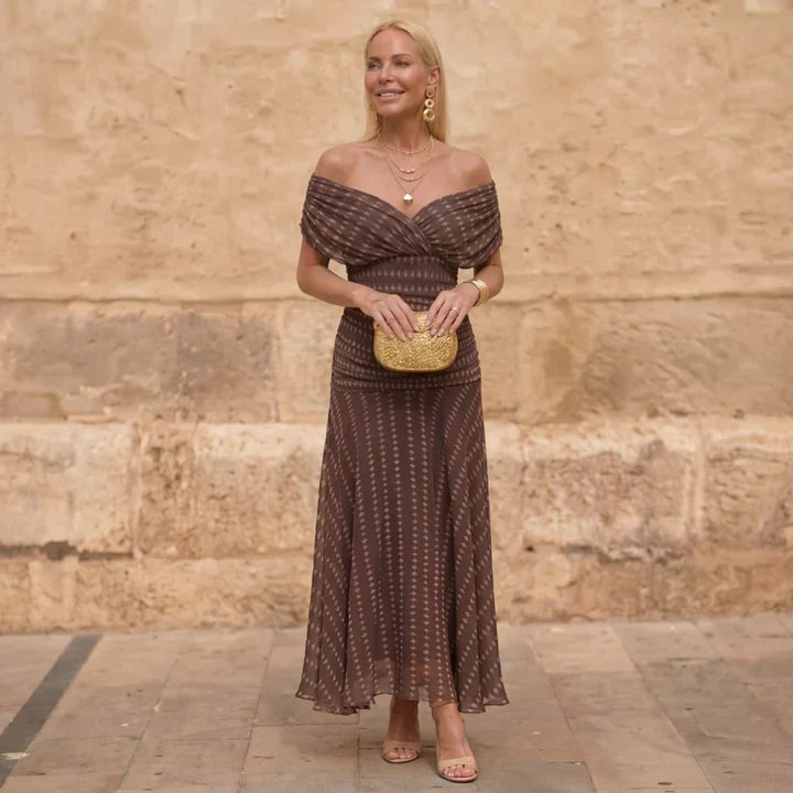 Brown Off-Shoulder Twist Front Geometric Print Ruched Waist A-Line Maxi Dress