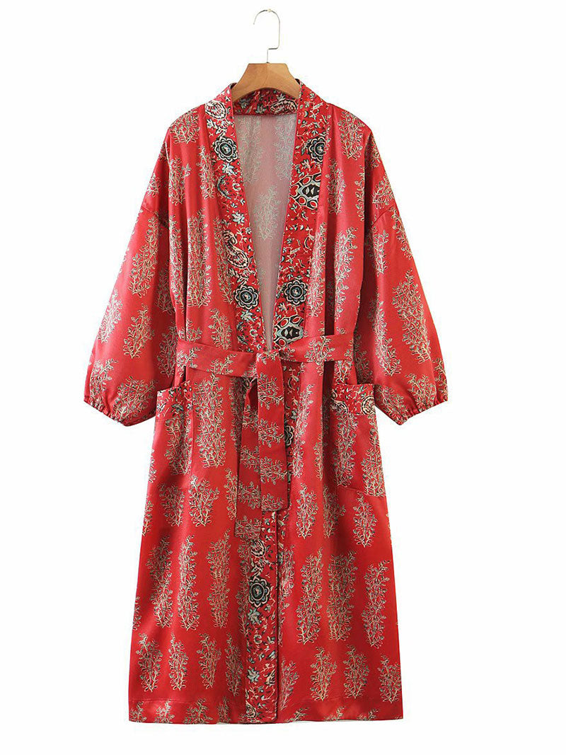 Red Bohemian Floral Print Belted Long Length Kimono Robe