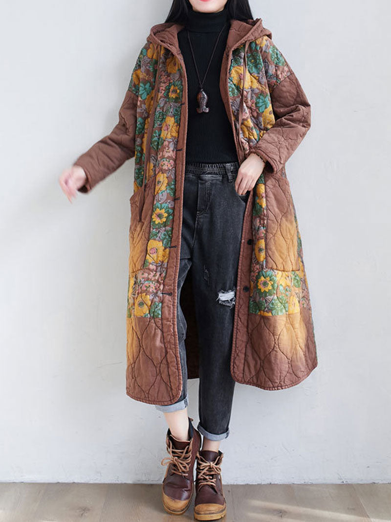 Hooded Floral Patchwork Quilted Longline Coat 12
