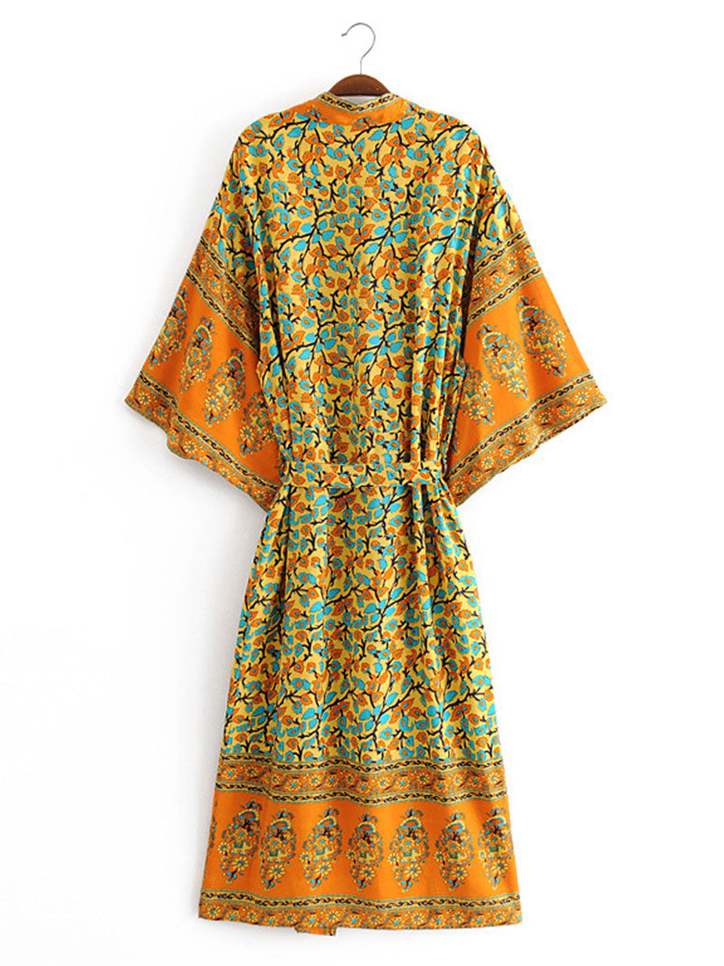Orange Bohemian Floral Border Print Open Front Long Kimono Robe 6