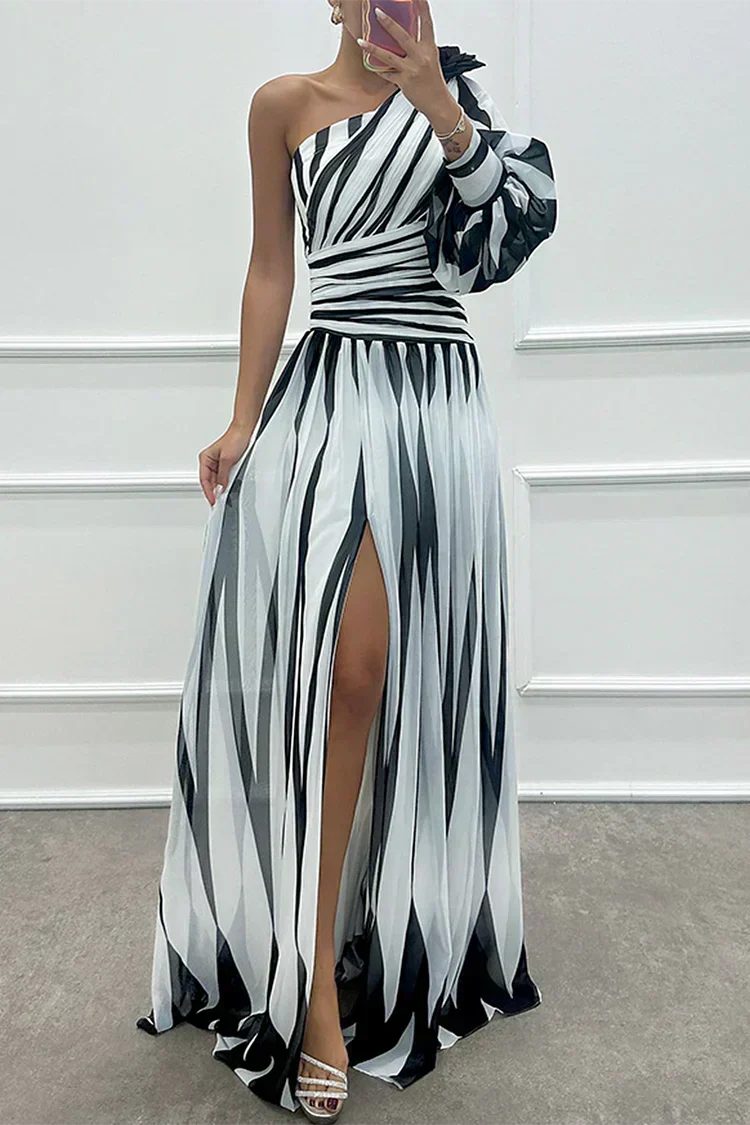 One Shoulder Striped One Sleeve Ruched High Slit Maxi Dress