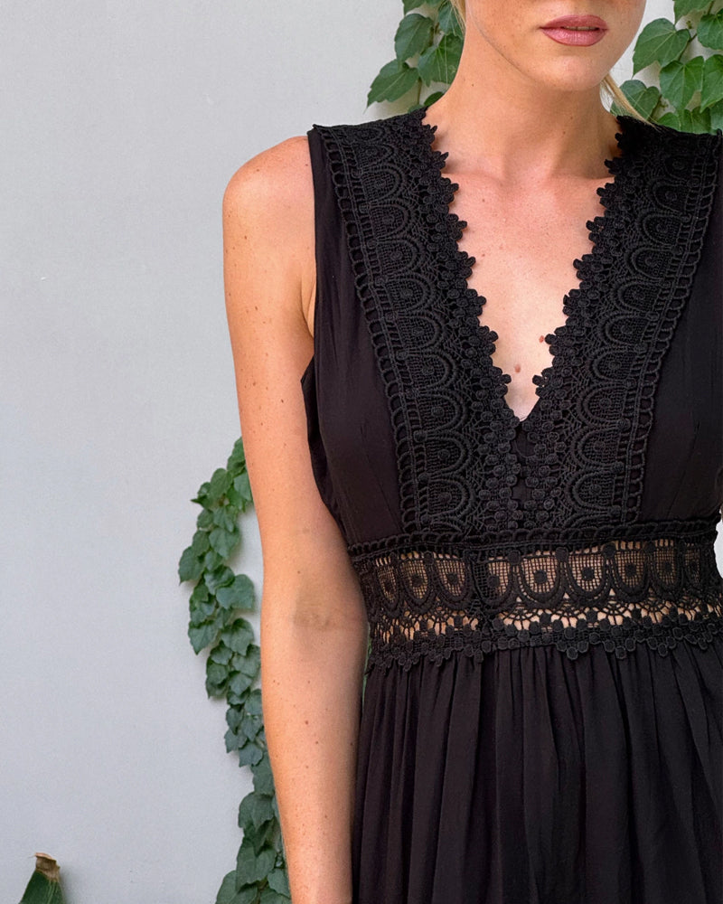V-Neck Crochet Lace Trim Sleeveless Tiered A-Line Midi Dress