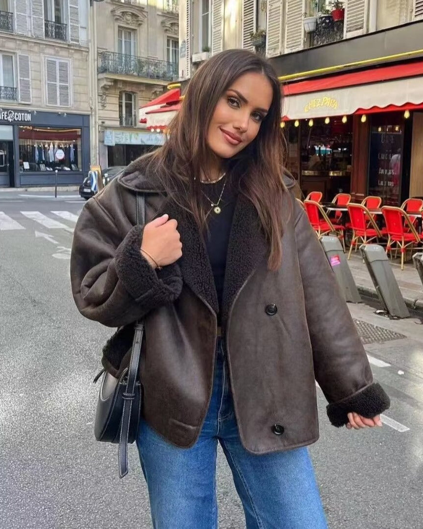 Notched Lapel Sherpa Trim Faux Suede Shearling Jacket 2