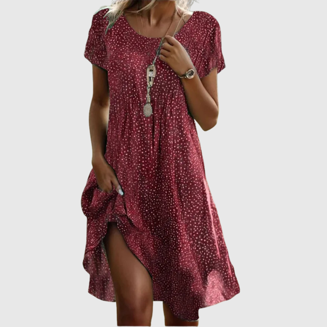 Collared V-Neck Polka Dot Short Sleeve Flowy Midi Dress