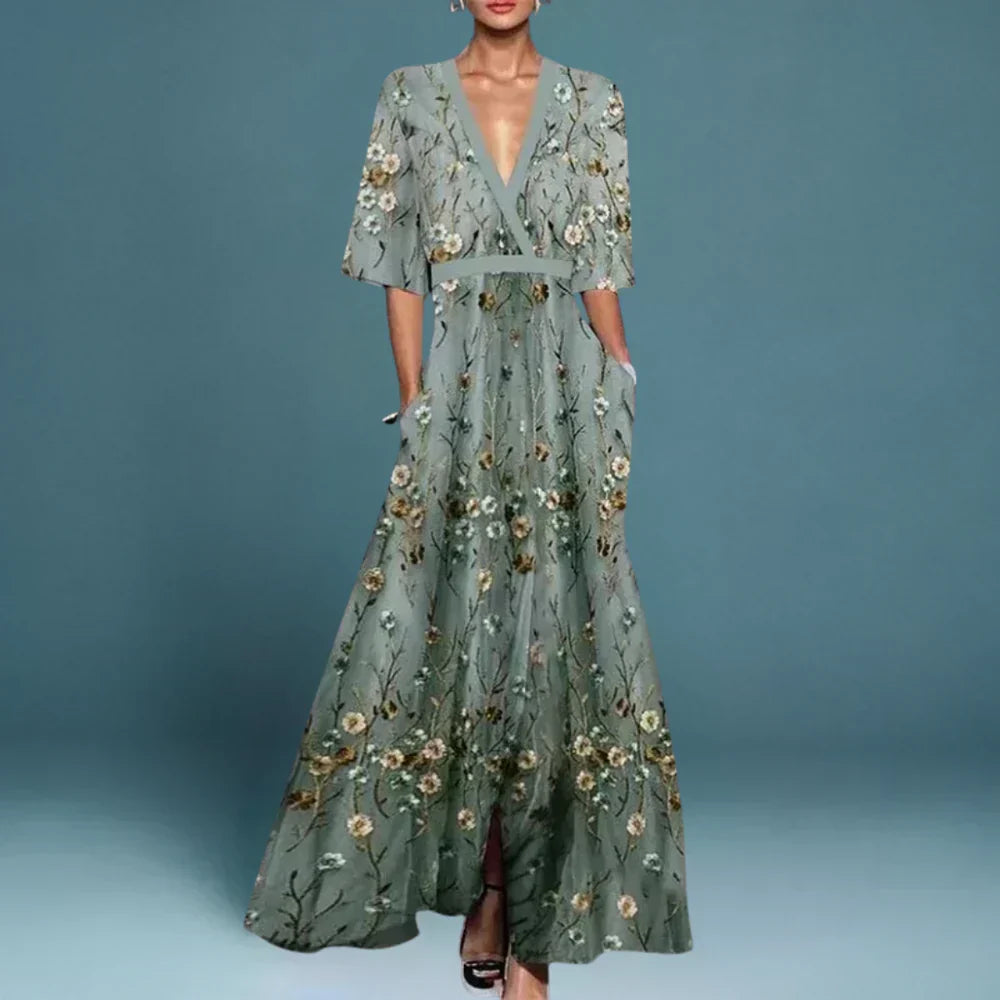 Plunge Neck Half Sleeve Floral Embroidered Sequin A-Line Maxi Gown