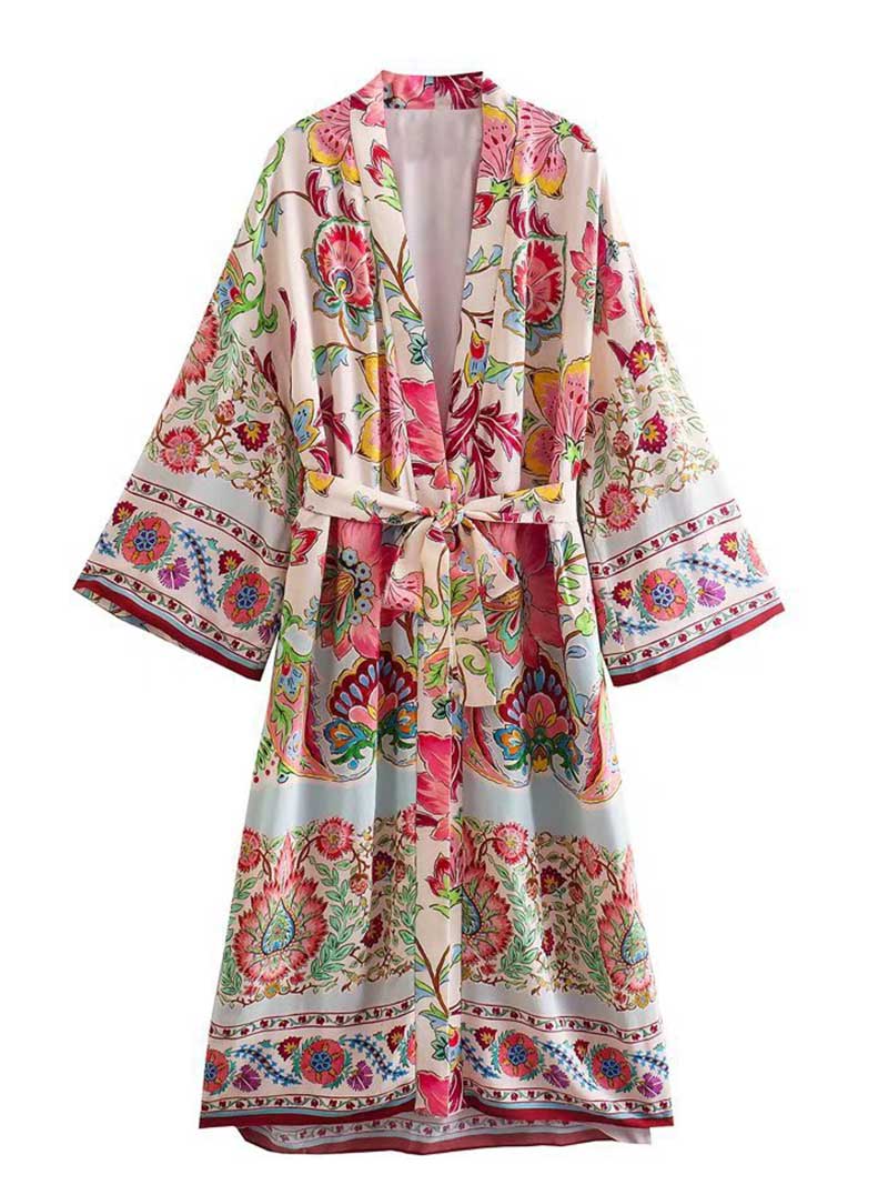 Multicolor Floral Print Belted Long Kimono Duster Robe