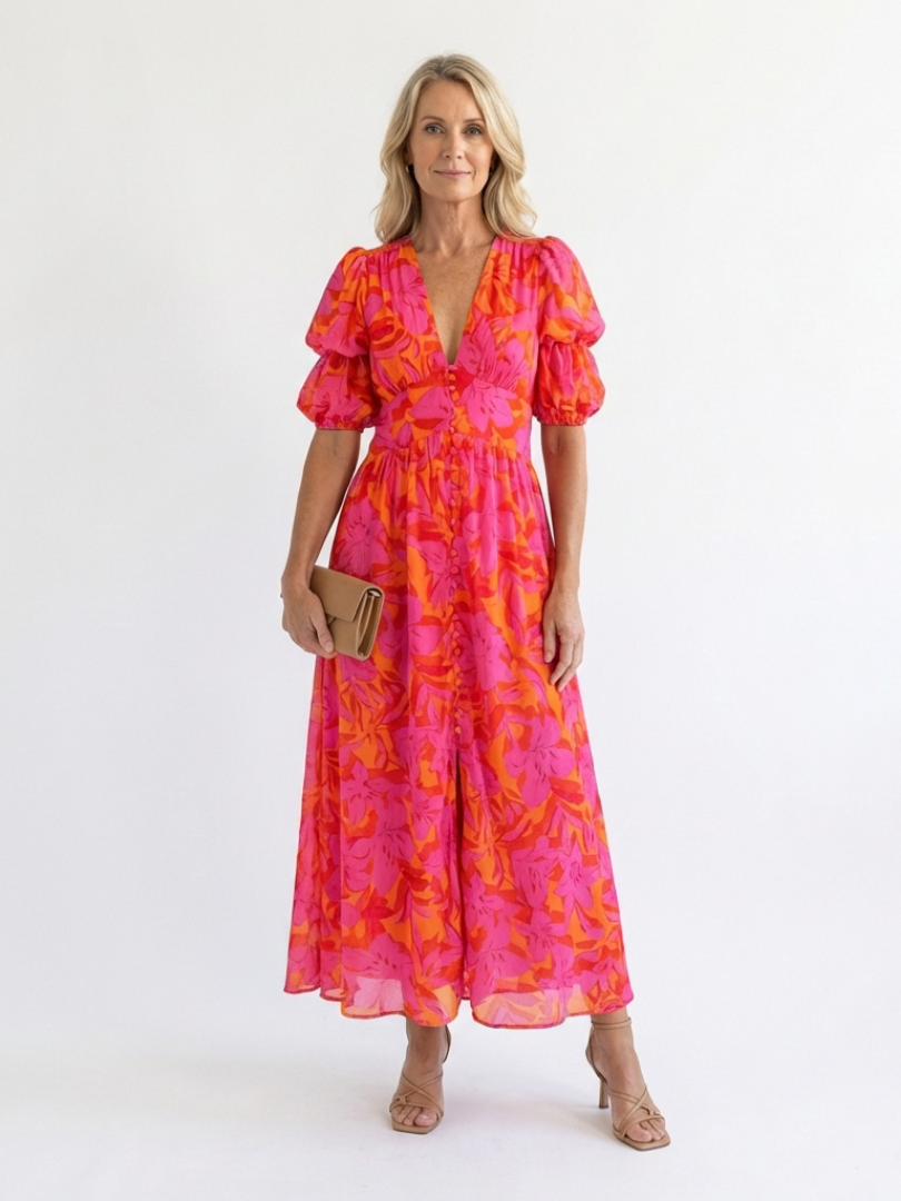 Pink V-Neck Floral Puff Sleeve Button Front Flowy Maxi Dress