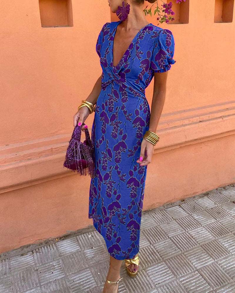 Deep V-Neck Twist Front Floral Print Puff Sleeve Bodycon Midi Dress