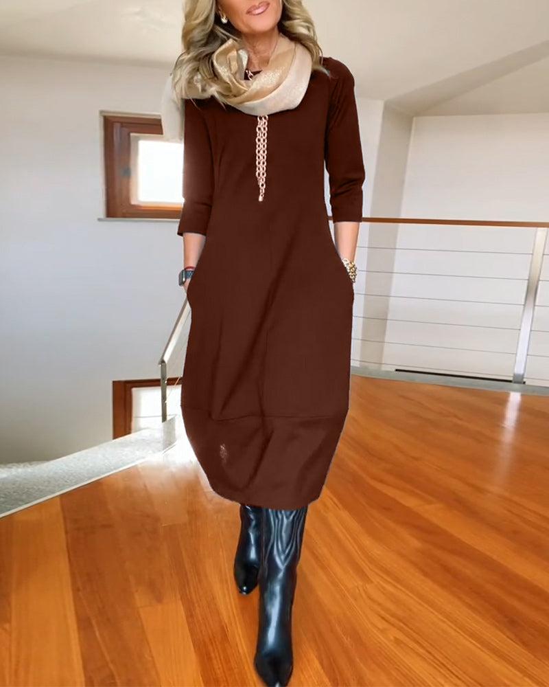 Round Neck Three Quarter Sleeve Pocket Cocoon Midi Dress