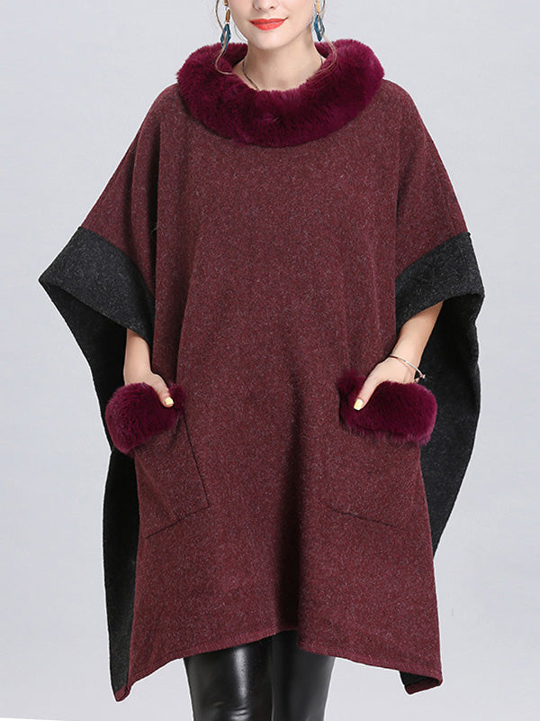Faux Fur Collar Contrast Trim Pocket Knit Cape
