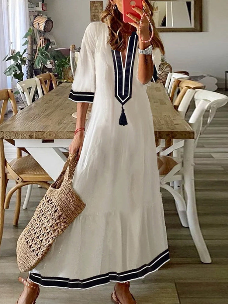 Sailor Blue White Tassel V-Neck Midi Dress