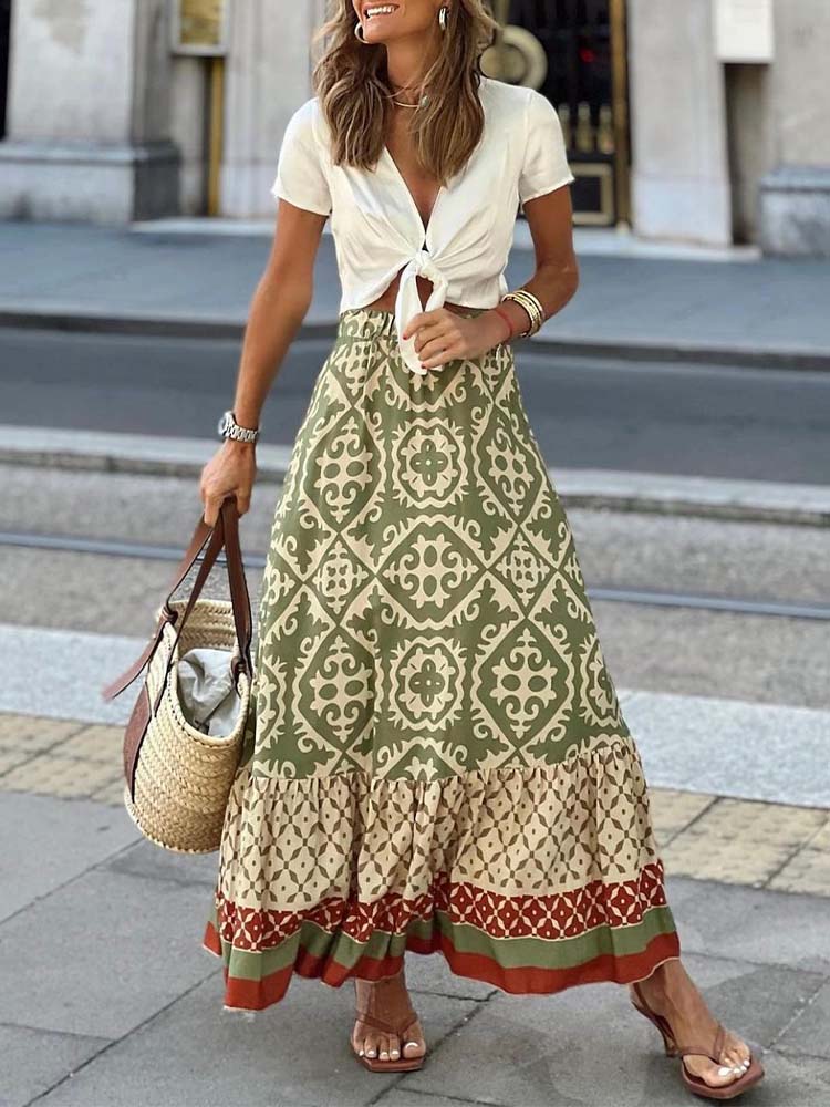 Summer High Waist Long Printed A-Line Skirt Maxi Dress