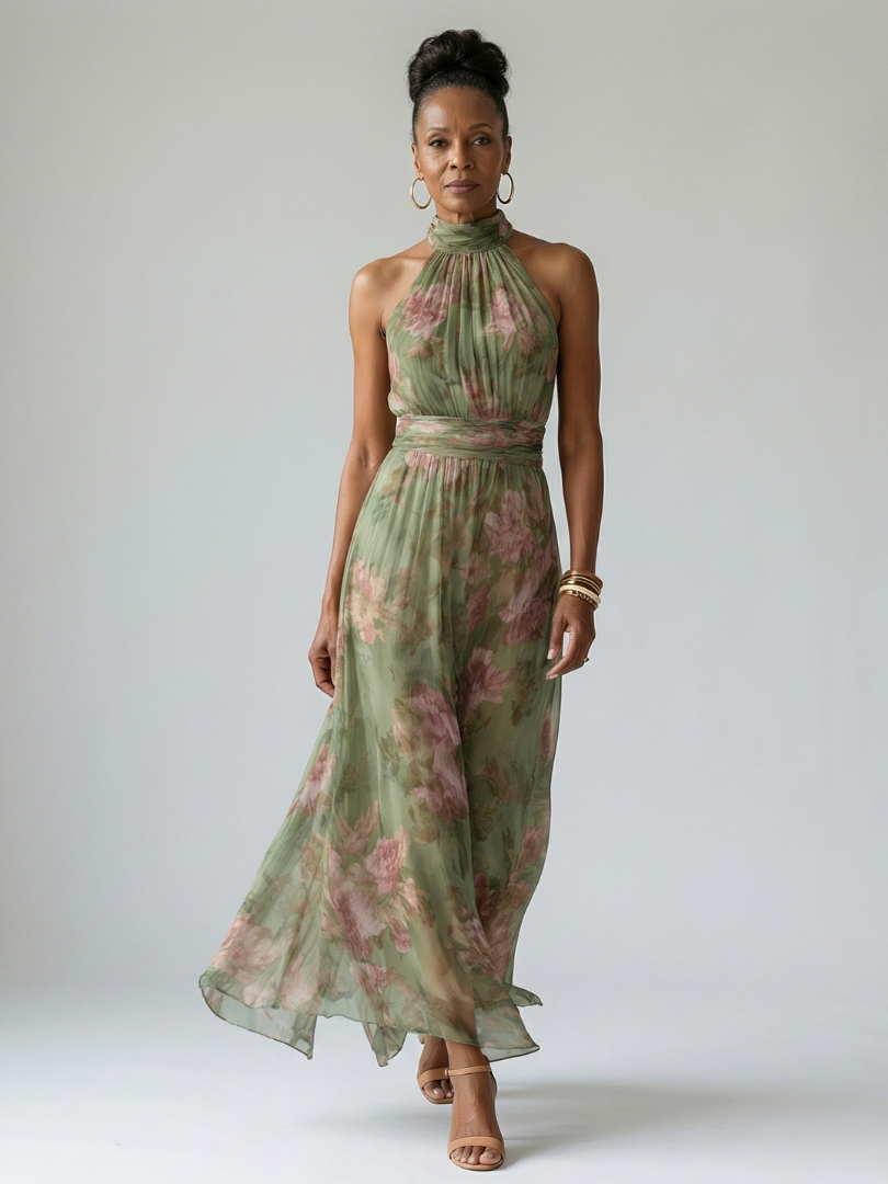 Sage Green Halter Neck Floral Chiffon Ruched Waist Flowy Maxi Dress