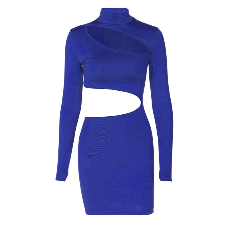 Long sleeve high neck hollow out irregular solid mini dress