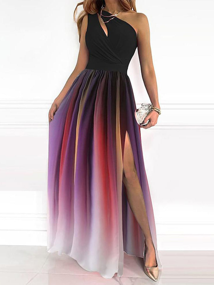 One Shoulder Cut-Out Ombre Pleated Maxi Dress