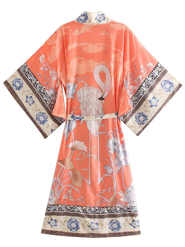 Orange Floral Border Print Belted Mid Length Kimono Robe