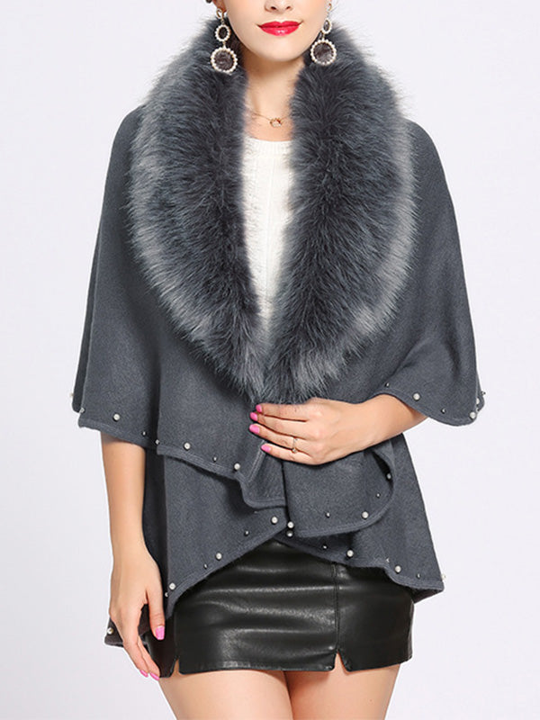 Fur Collar Pearl Trim Draped Knit Cape Cardigan 2